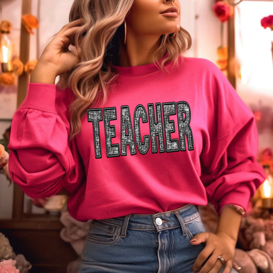 Teacher Faux Embroidery Diamonds Bling DTF  Transfer