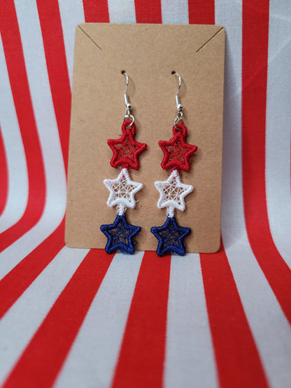 Embroidered Lace Red White and Blue Triple Stars Dangle Earrings