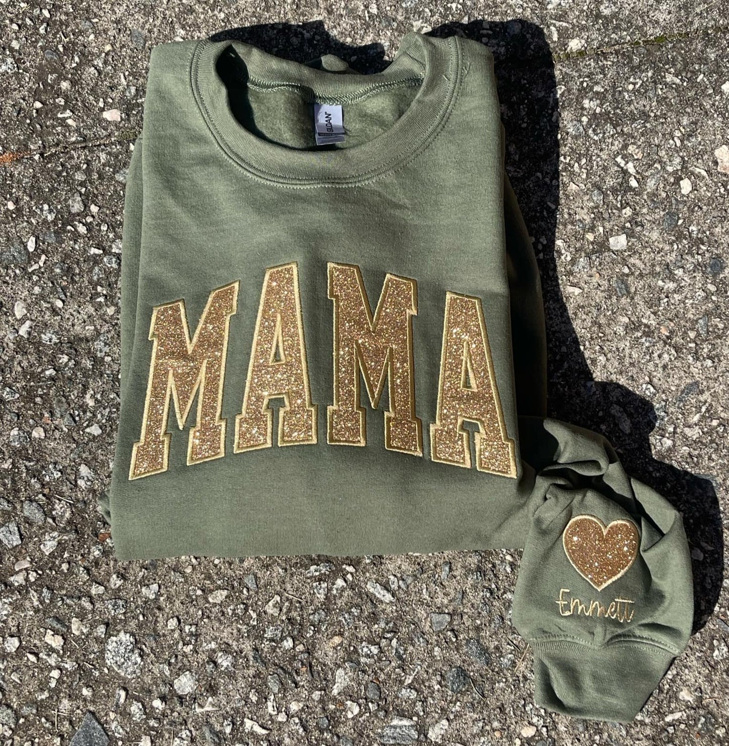 Mama Glitter Applique and Icon on sleeve with Personalized Names Embroidered CC Short Sleeve or Sweatshirt