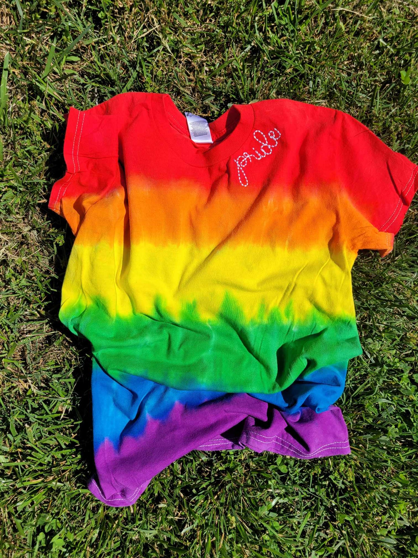 Pride Bean Stitch Embroidery Neckline Rainbow Tie Dye T-Shirt