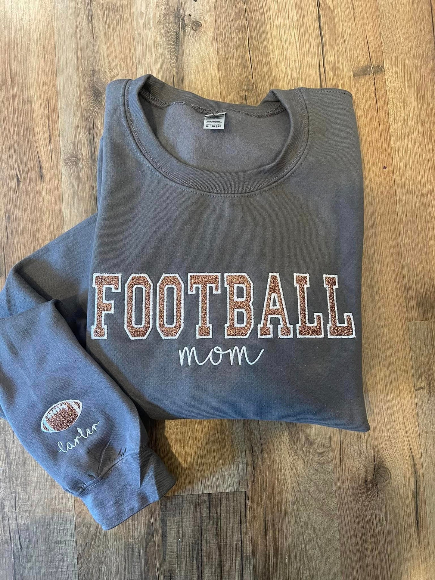 Sport Mom Glitter Applique with Name and Icon on sleeve Embroidered CC Short Sleeve or Sweatshirt