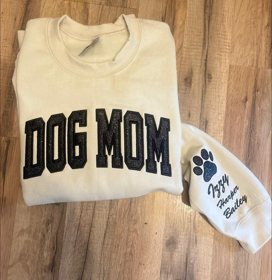 Dog Mom Glitter Applique and Icon on sleeve Embroidered Comfort Color Short Sleeve or Sweatshirt