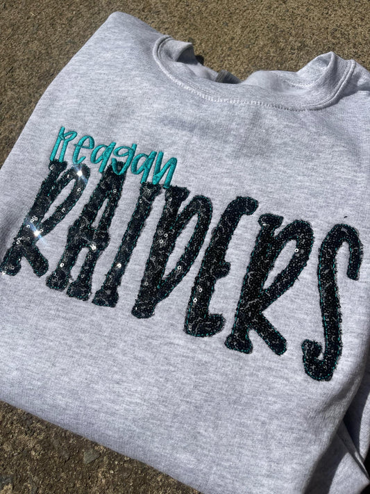 Custom Mascot Sequins Raw Edge Embroidered Sweatshirt