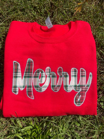 Merry Plaid Fabric Applique with Optional Side Bows Christmas Holiday Embroidered Sweatshirt