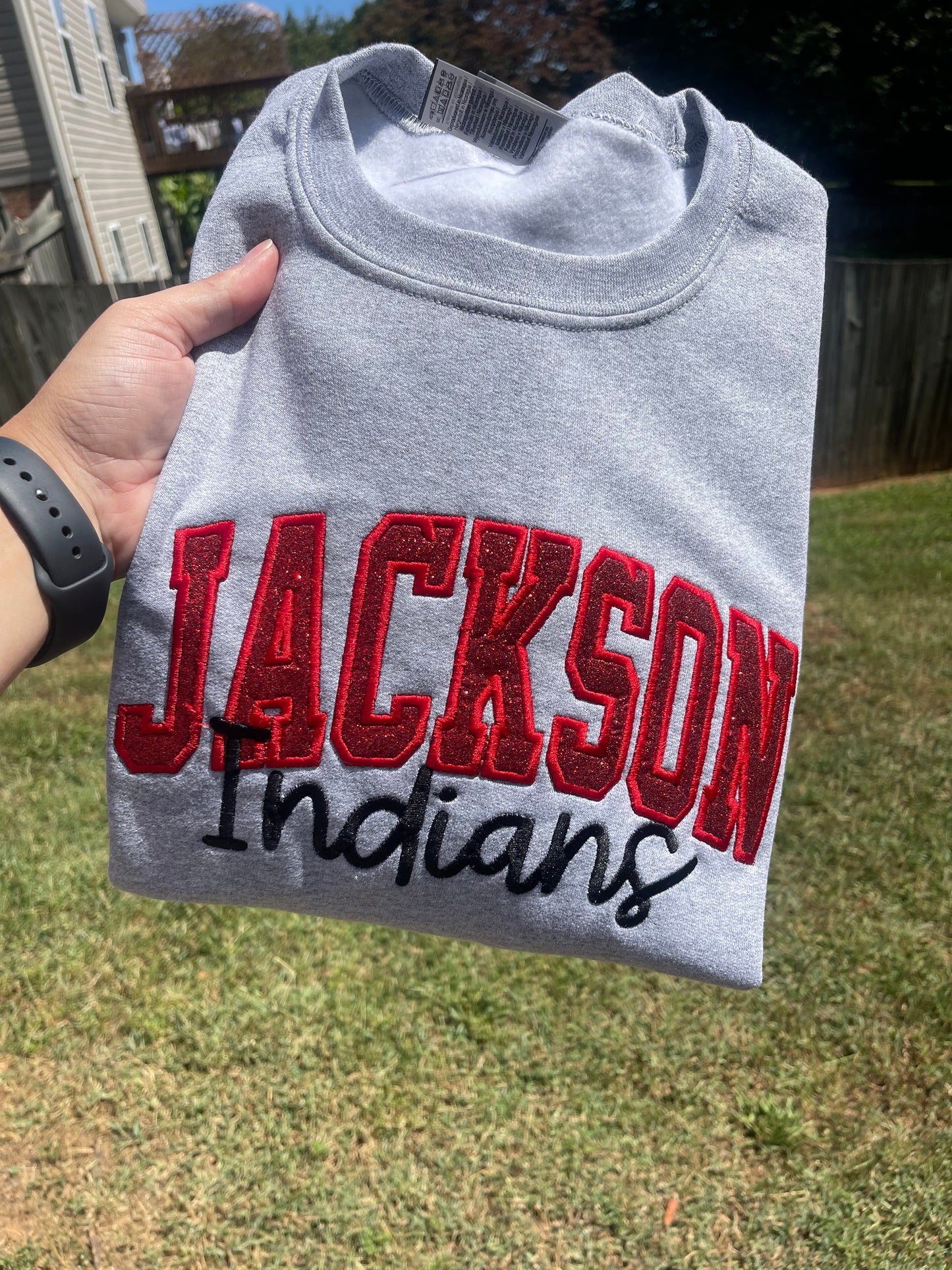 Jackson Indians Glitter Applique Embroidery Sweatshirt