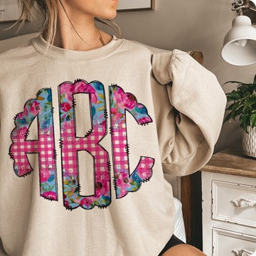 Pink Plaid and Floral Monogram DTF Transfer