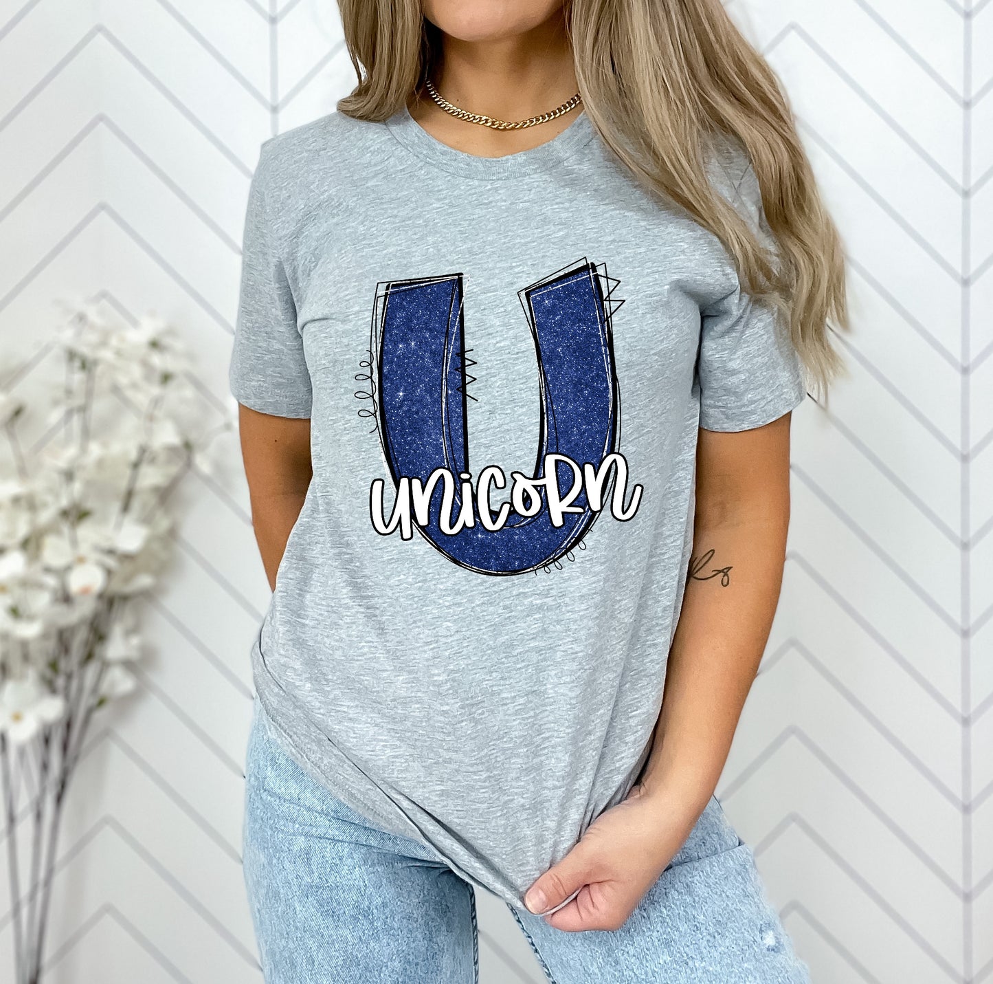 Unicorn Glitter Varsity Doodle Graphic Tee