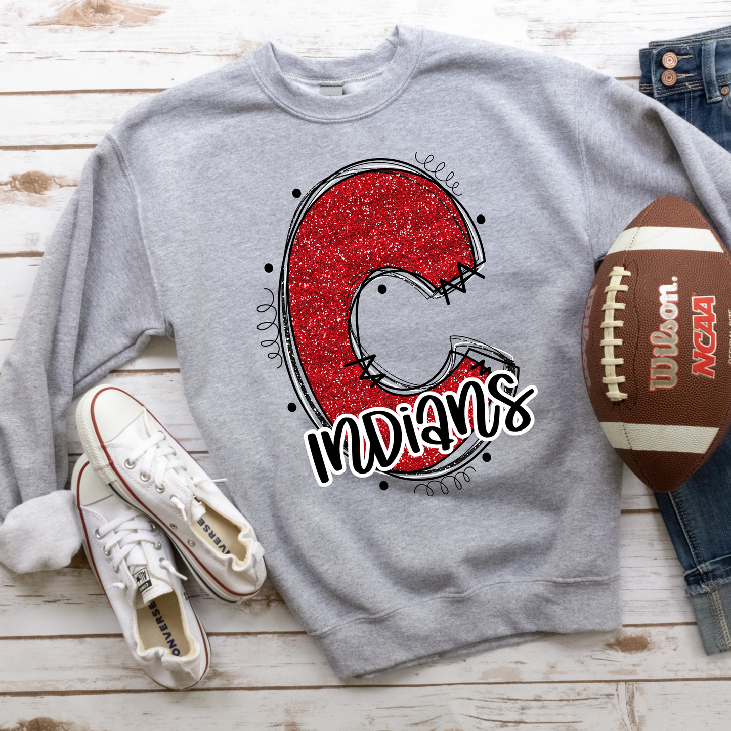 Indians C Glitter Varsity Doodle Graphic Tee