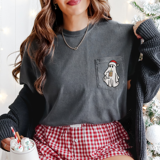 Christmas Ghost w/ Iced Coffee Embroidered Pocket Tee