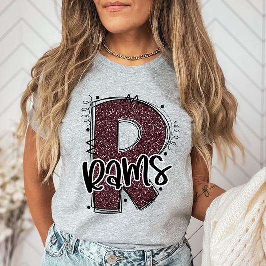 Rams Maroon Glitter Varsity Doodle Graphic Tee