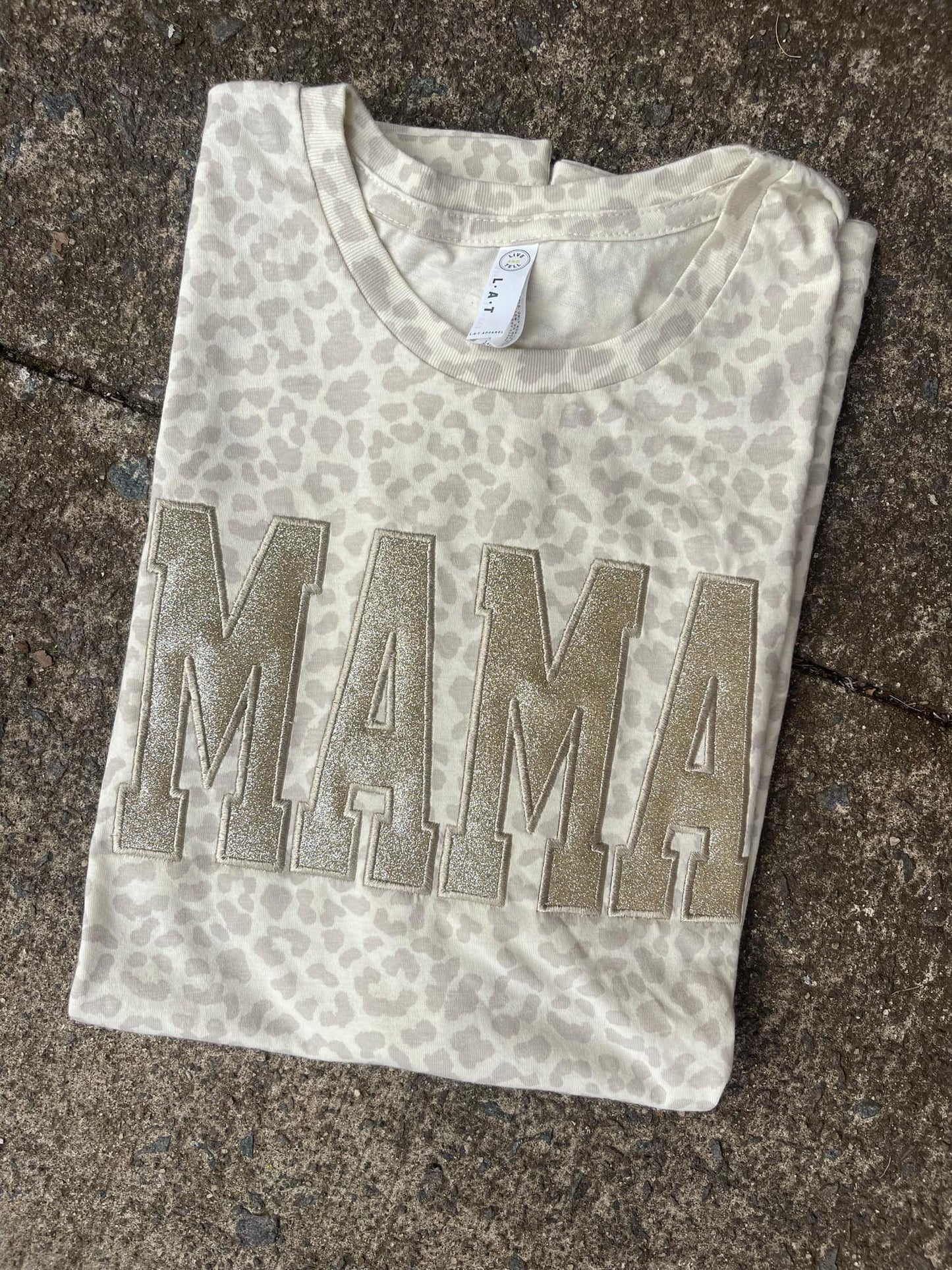 Natural or Black Leopard Custom Mama or Mascot Glitter Applique Embroidered Graphic Tee