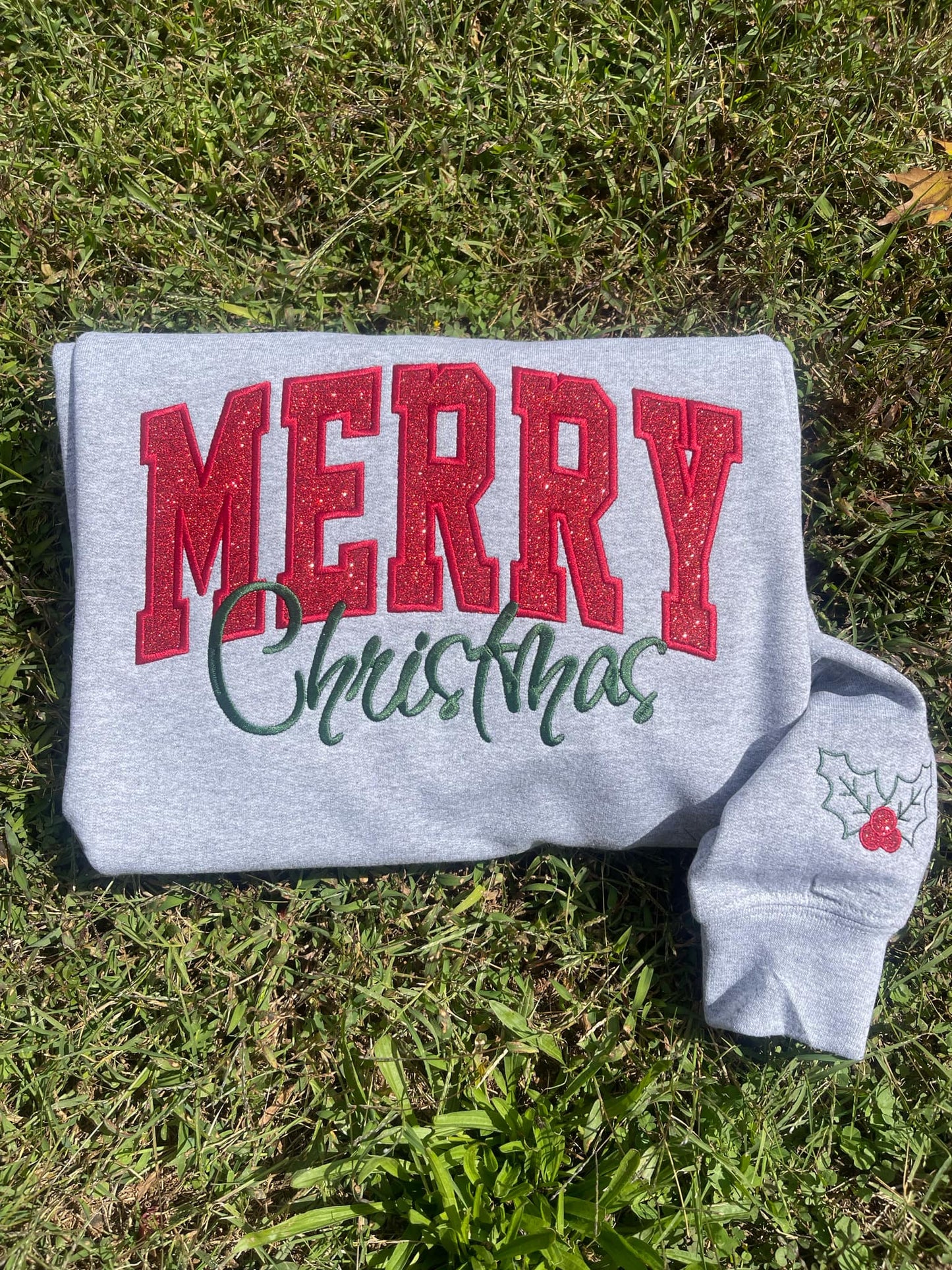 Merry Christmas Glitter Applique w/ Icon and Optional Side Bows Embroidered Sweatshirt