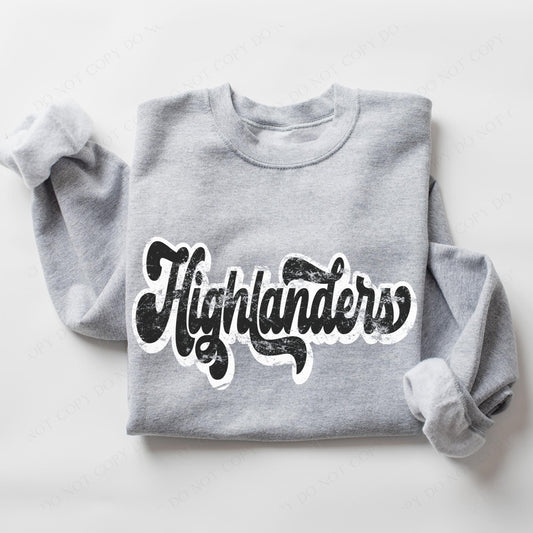 Highlanders Vintage Black & White Retro Shadow Distressed DTF Transfer