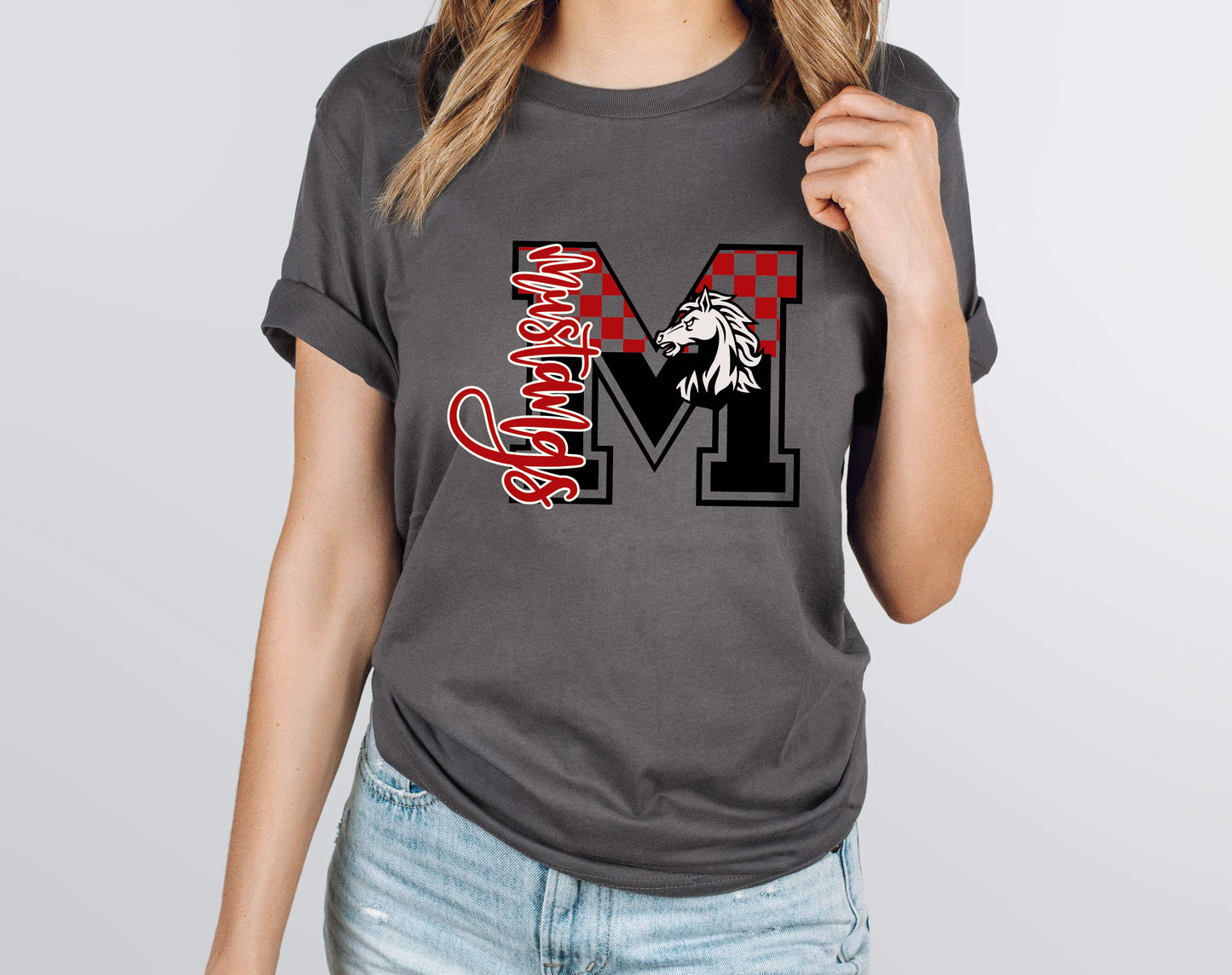 Mustangs Red Checkered Graphic Tee