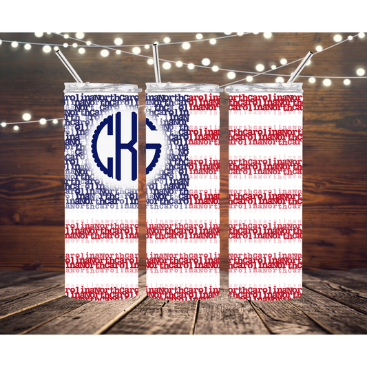 North Carolina NC American Flag Personalized Custom Monogram 20oz Stainless Steel Skinny Tumbler