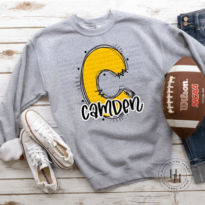 Camden Yellow Gold Glitter Varsity Doodle Unisex Tee