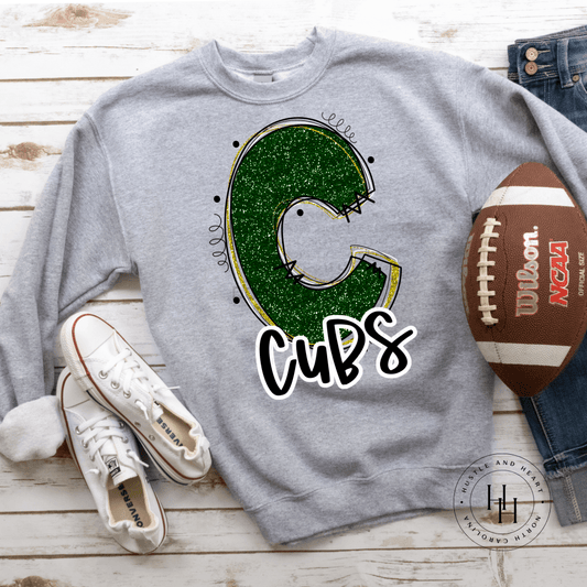 Cubs Dark Green/yellow Glitter Varsity Doodle Graphic Tee Unisex Tee