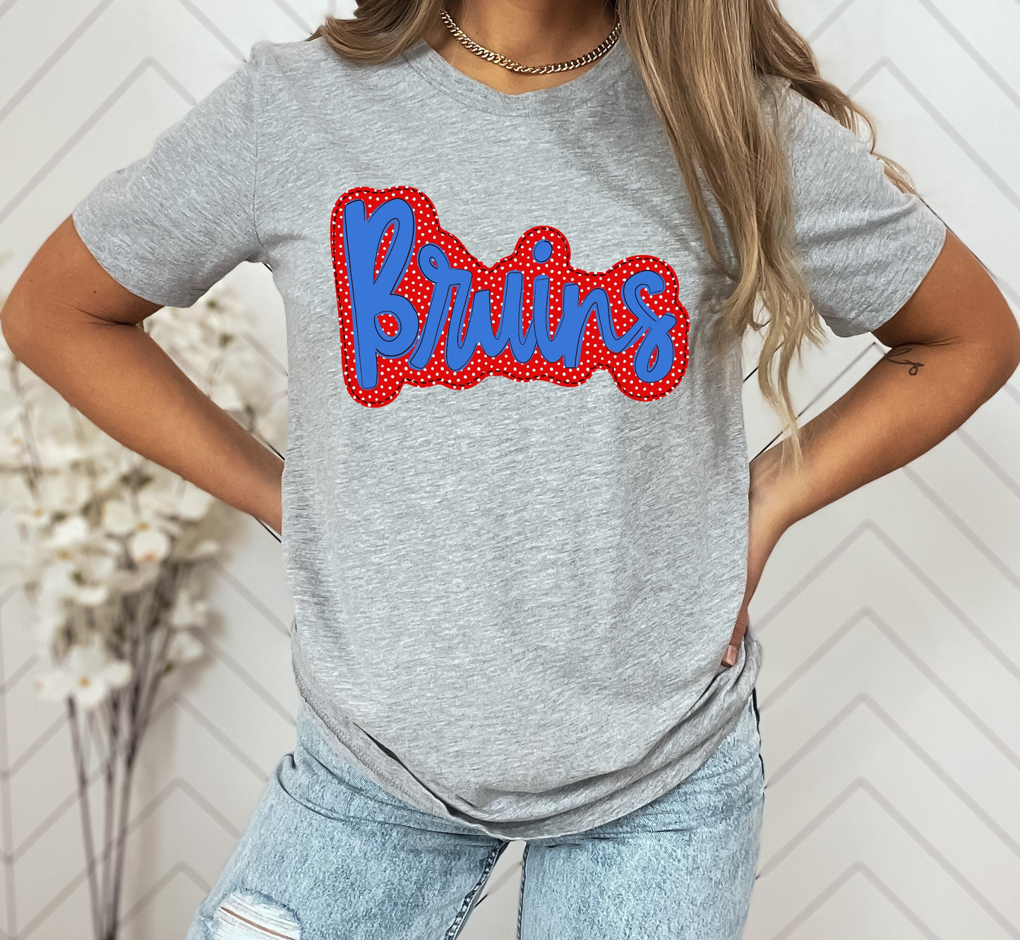 Bruins Red/Carolina blue Faux Applique Graphic Tee