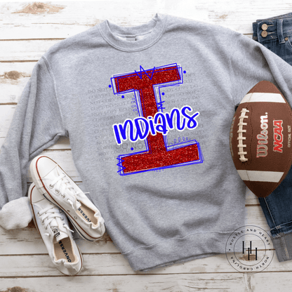 Indians Red/blue Glitter Varsity Doodle Graphic Tee Unisex Tee