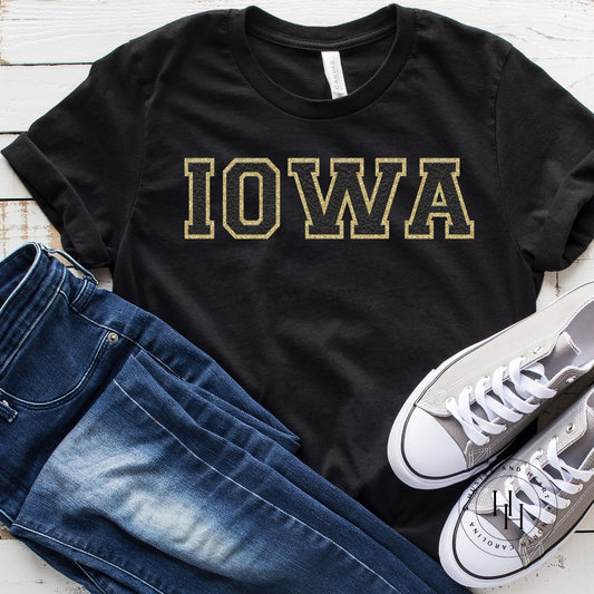 Iowa Black Faux Chenille Letters Graphic Tee