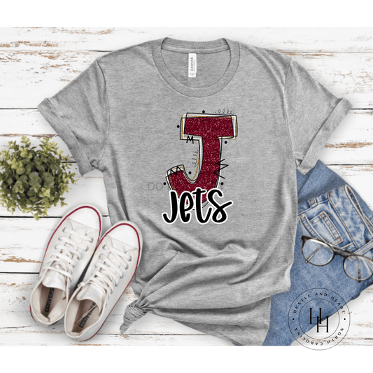 Jets Maroon Glitter Varsity Doodle Graphic Tee Dtg Tee