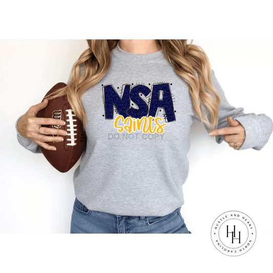 Nsa Saints Navy/gold Glitter Varsity Doodle Graphic Tee Dtg Tee