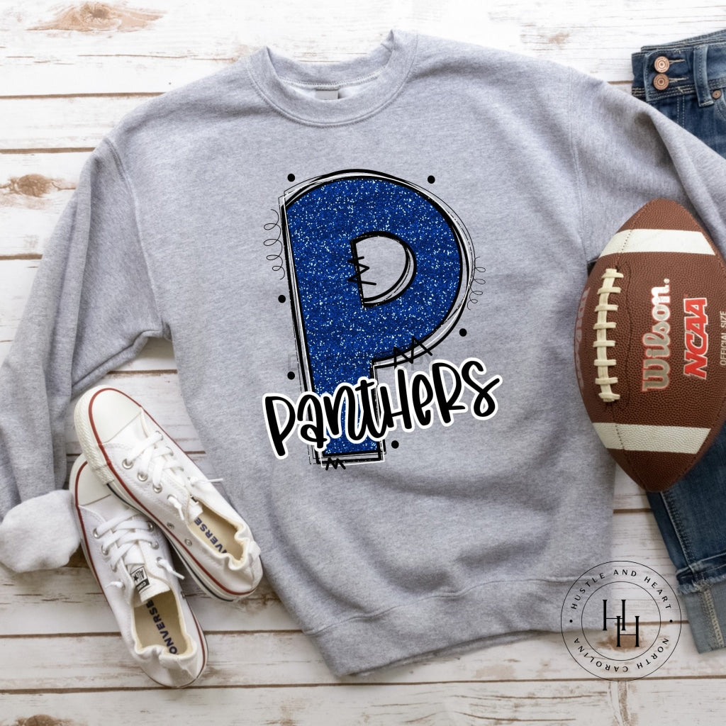 Panthers Blue/black Glitter Varsity Doodle Graphic Tee Unisex Tee