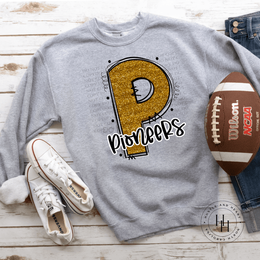 Pioneers Old Gold Glitter Varsity Doodle Graphic Tee Unisex Tee