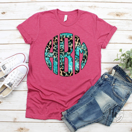 Turquoise Leopard Monogram Graphic Tee- Pink Shirt