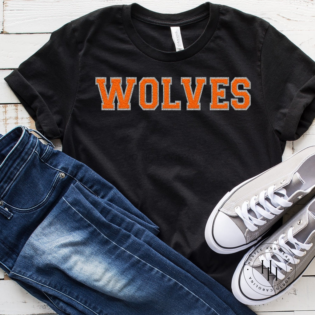 Wolves Orange Faux Chenille Letters Graphic Tee